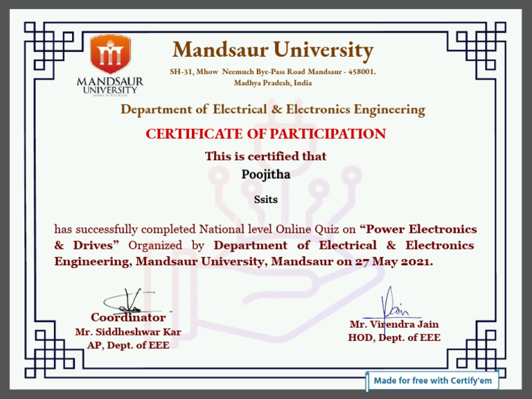 Certificate of Participation in Power Electronics Quiz | PDF