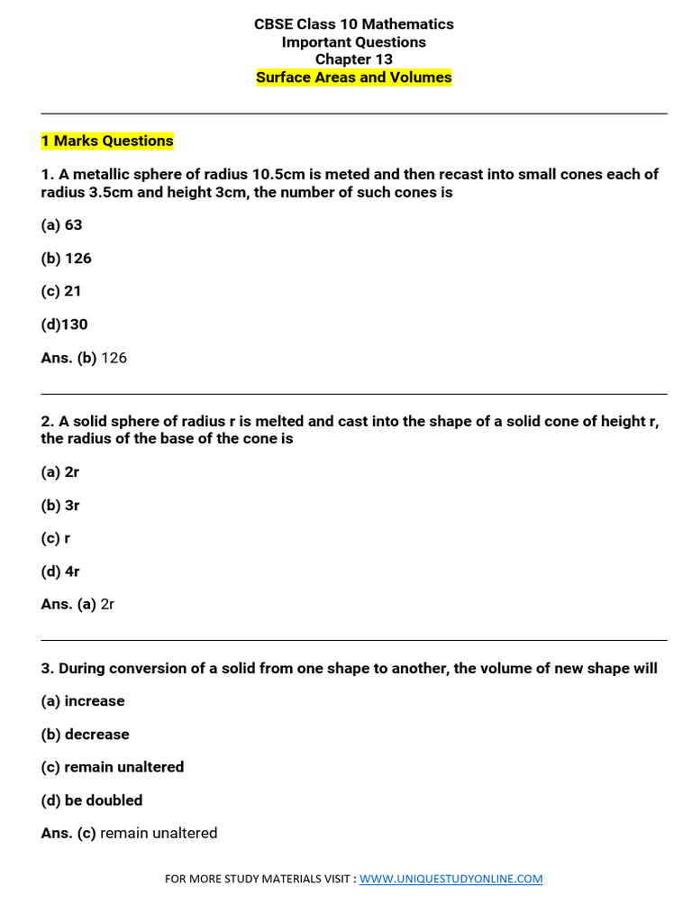 CBSE Class 10 Math: Surface Areas & Volumes | PDF | Sphere | Volume