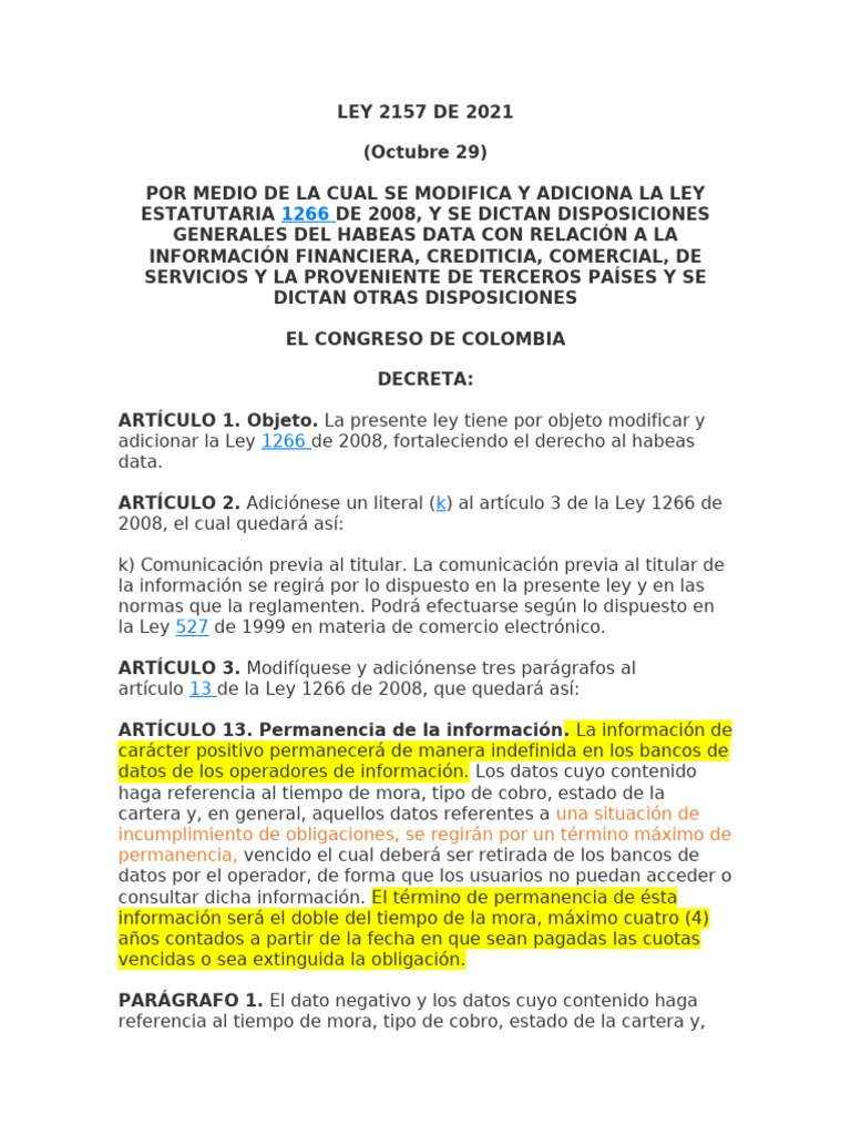 Modificaciones a la Ley 2157 de 2021 | PDF | Información | Bancos