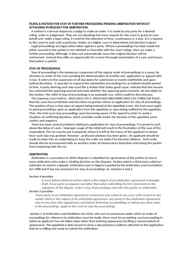 Motion for Stay Pending Arbitration Explained | PDF | Arbitration | Lawsuit
