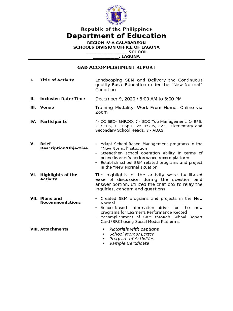 GAD Accomplishment Report Template Sample | PDF | Learning