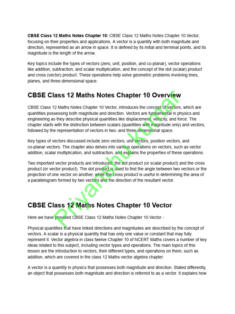 Class 12 Maths Notes Chapter 10 Vector | PDF | Euclidean Vector ...