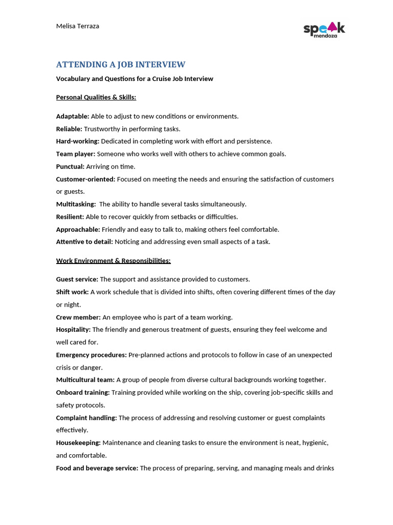Cruise Job Interview Guide | PDF | Cabin (Ship) | Cruise Ship