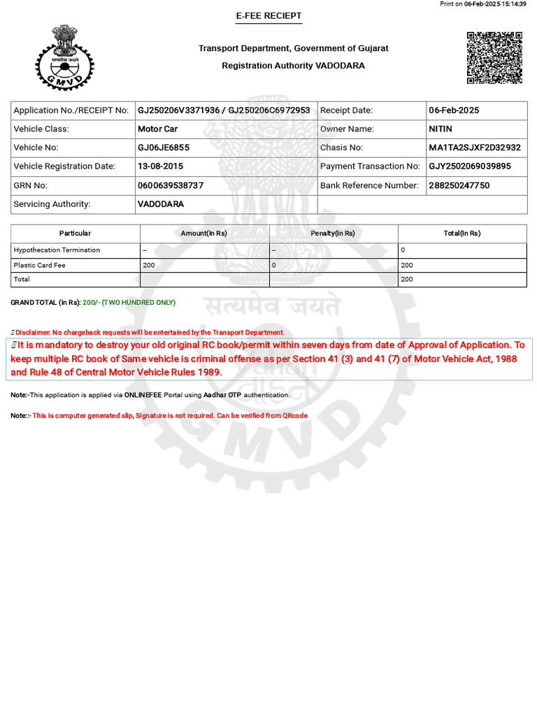 RTO Fee Receipt for Vehicle Registration | PDF
