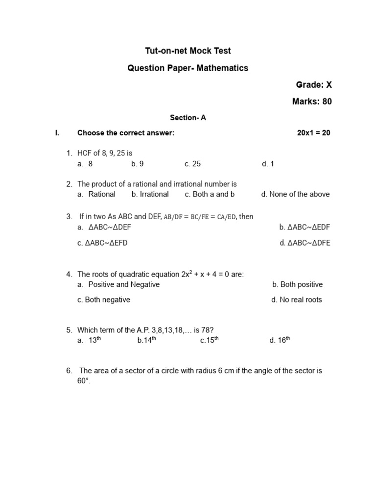 Grade X Mathematics Mock Test | PDF | Circle | Numbers
