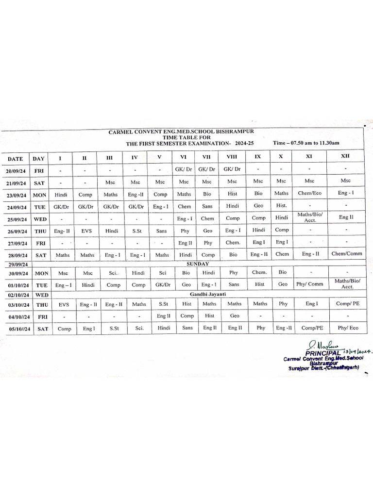 Time Table For First Semester Exam 2024 | PDF