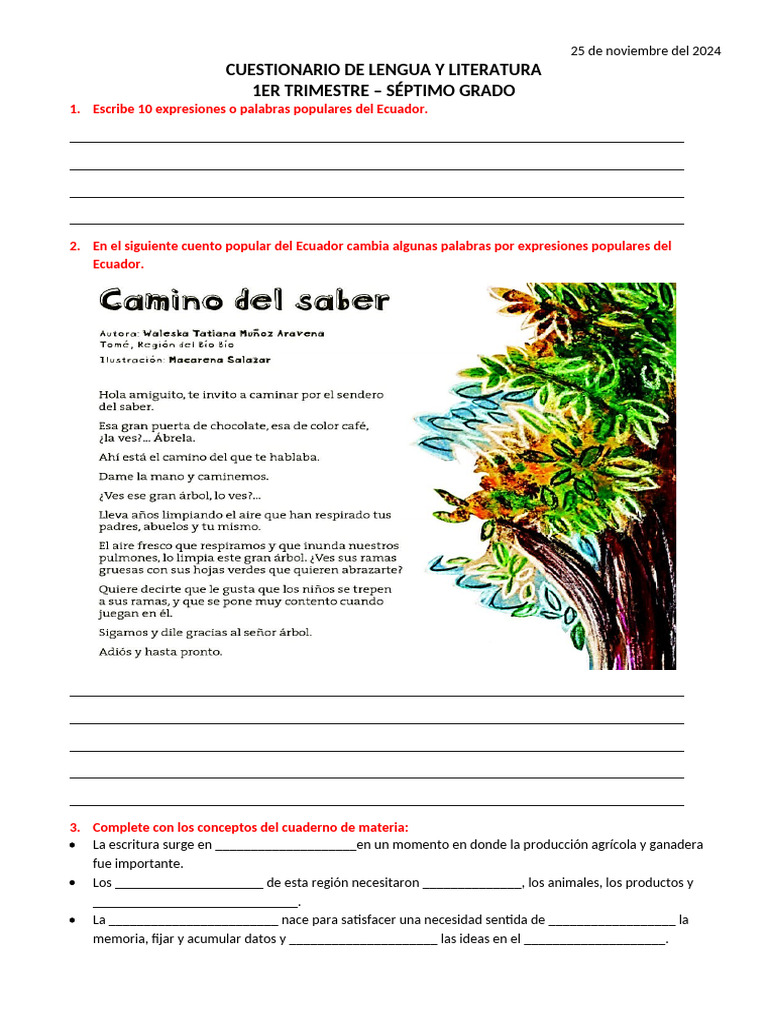 Cuestionario de Lengua y Literatura 7° grado | PDF | Comunicación ...
