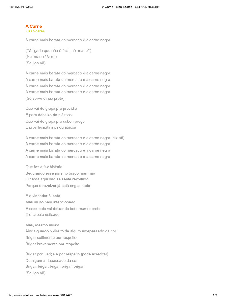 A Carne: Letra de Elza Soares | PDF
