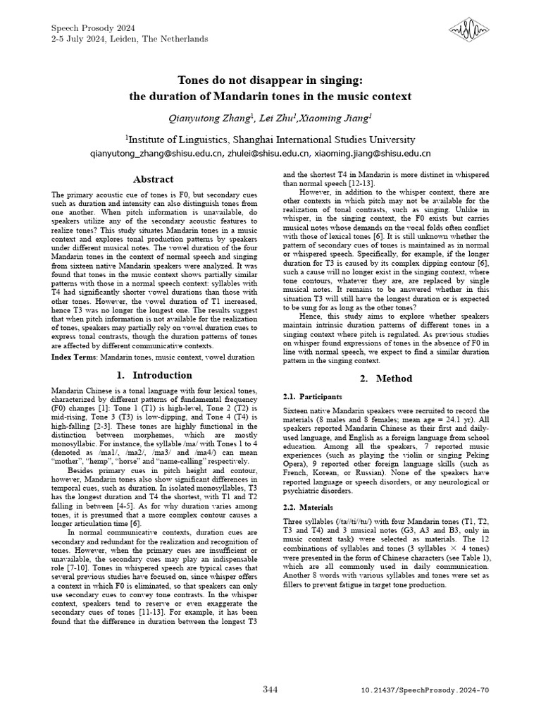 Tones Do Not Disappear in Singing The Duration of Mandarin Tones in The ...