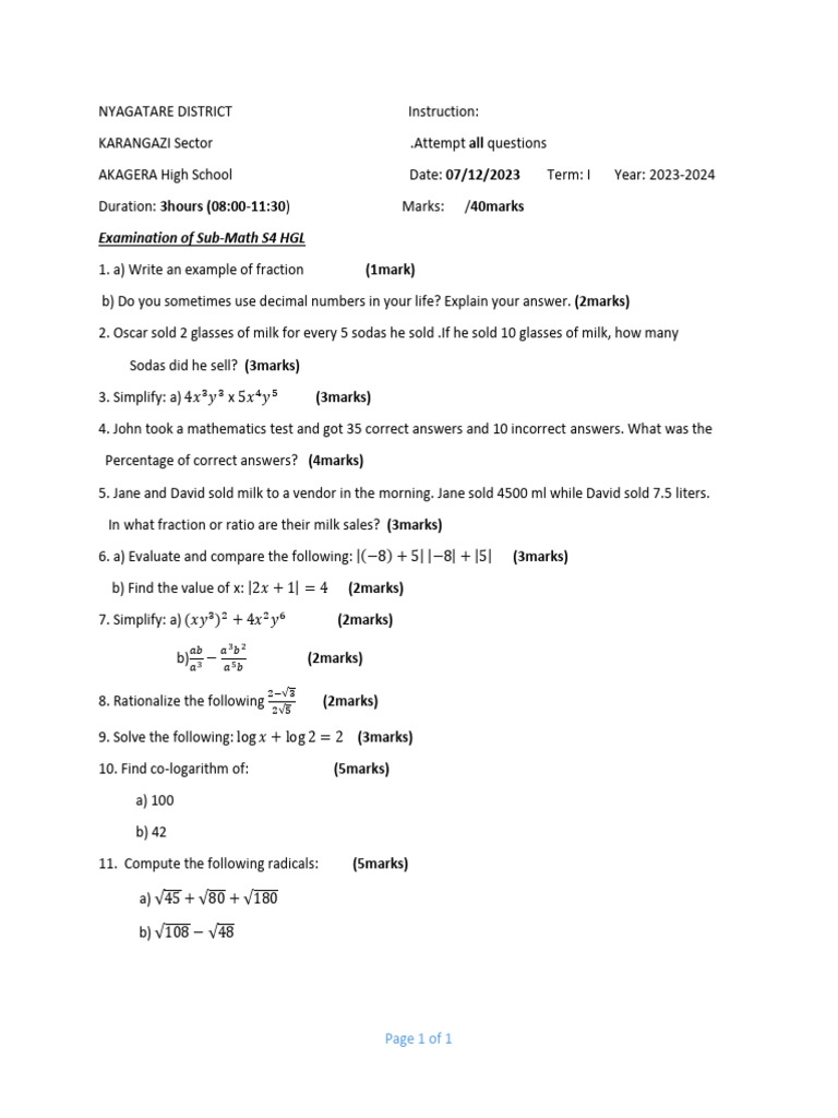 S4 Mathematics Exam Paper Term 1 | PDF