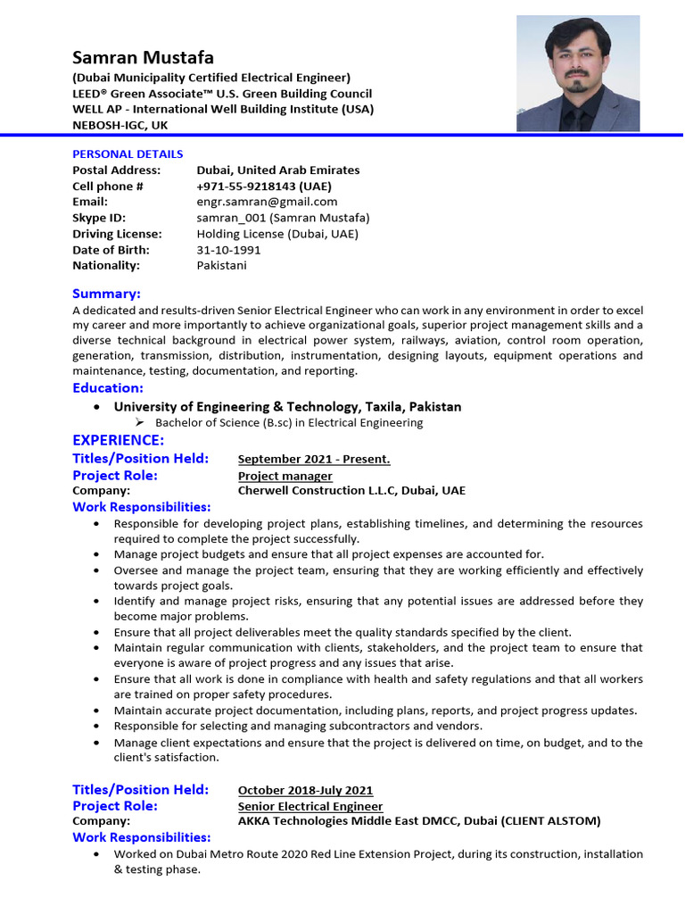 Samran Mustafa - EE - Project Manager | PDF | Transformer | Electricity