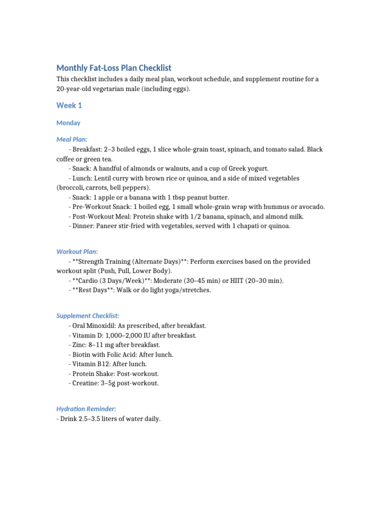 Monthly Fat Loss Checklist | PDF | Lunch | Meal