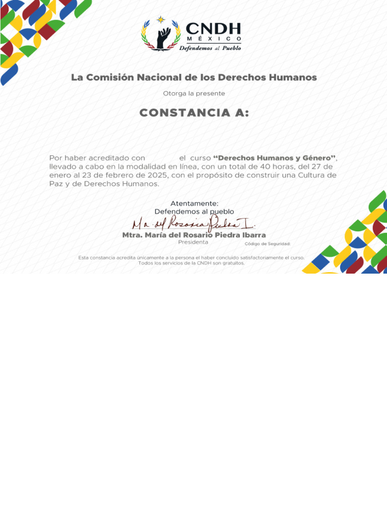 CDHG_Constancia Curso Derechos Humanos y Género | PDF