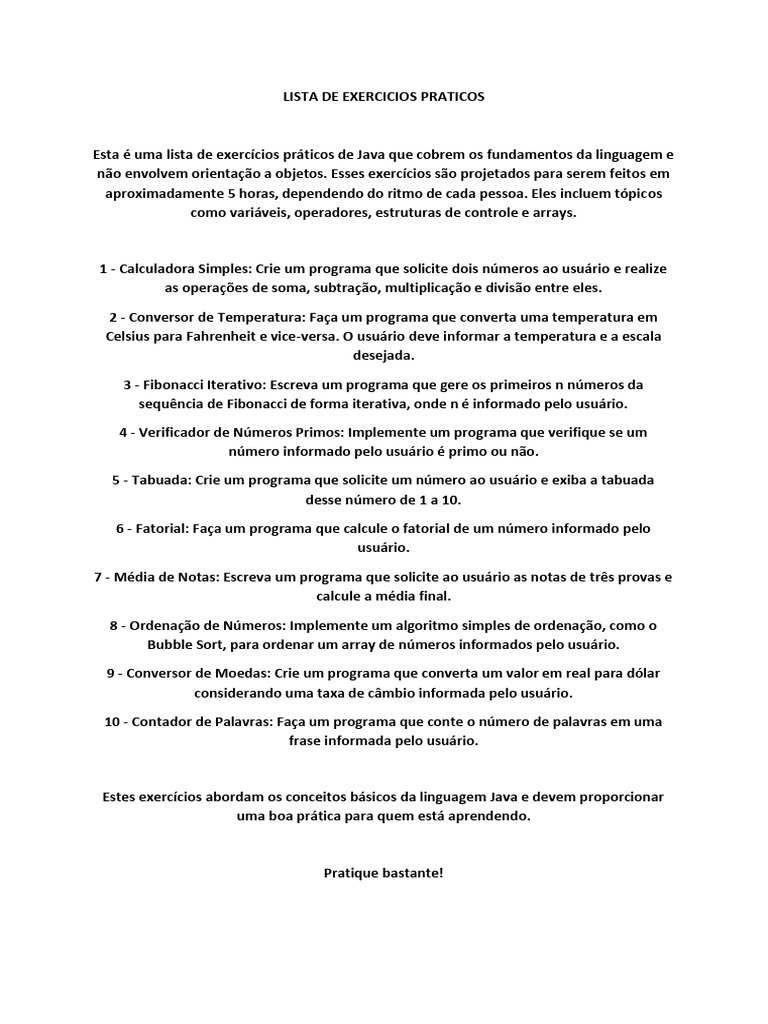 Exercícios Práticos de Java Básico | PDF | Números | Fahrenheit