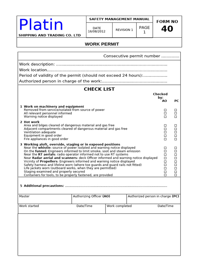 40 - Work Permit (ENG) Rev. 16.08.2012 | PDF | Underwater Diving ...