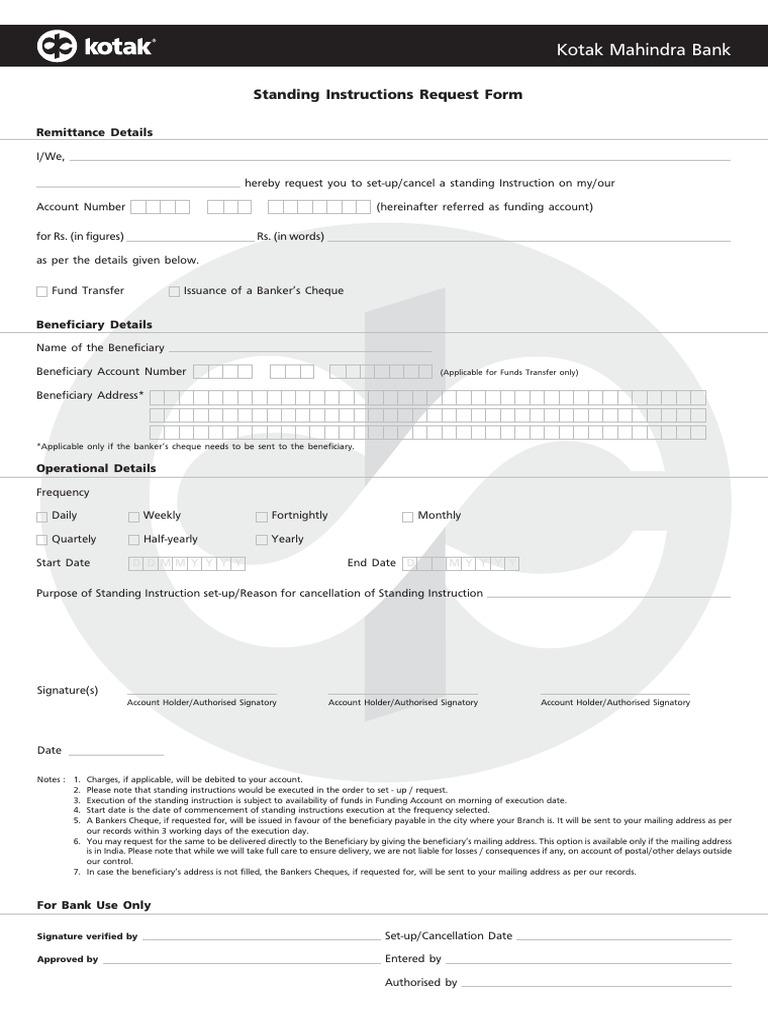 Kotak Bank Standing Instruction Form | PDF | Cheque | Banks