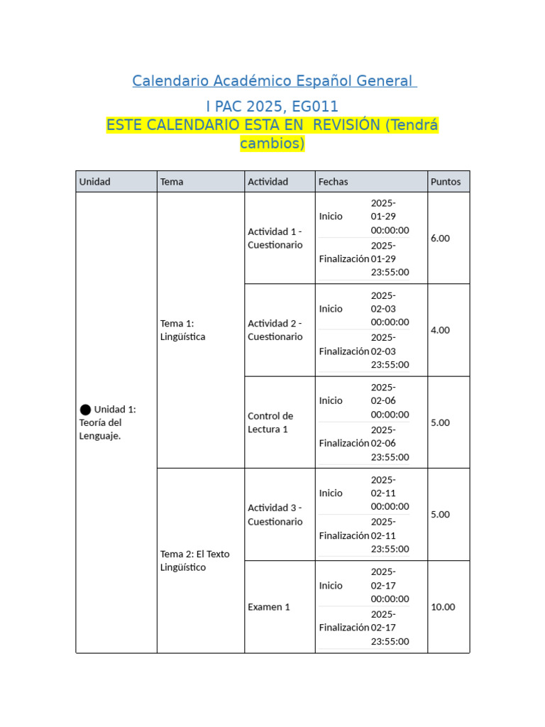 Calendario Acad%C3%A9mico Espa%C3%B1ol General I PAC 2025 | PDF ...