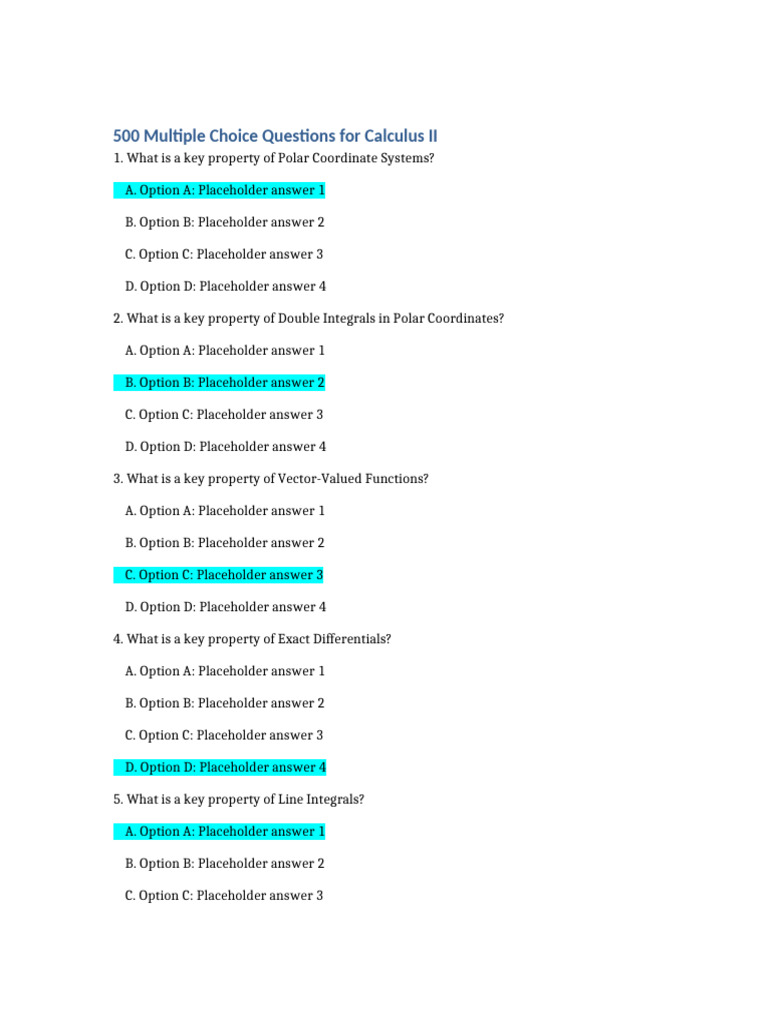 500 Calculus II Multiple Choice Questions | PDF | Integral | Fourier ...