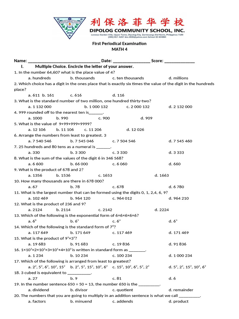 Math 4 Periodical Exam Questions | PDF | Division (Mathematics ...