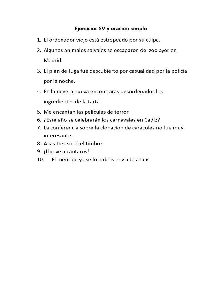 Ejercicios de SV y Oración Simple | PDF