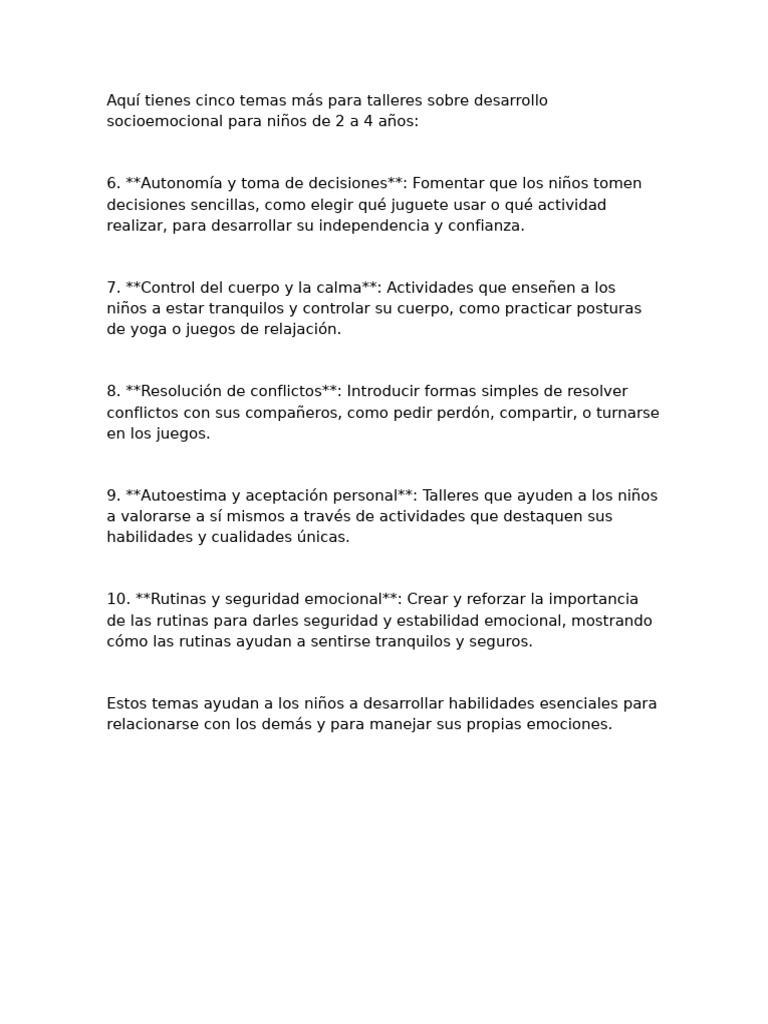 Talleres de Desarrollo Socioemocional Infantil | PDF