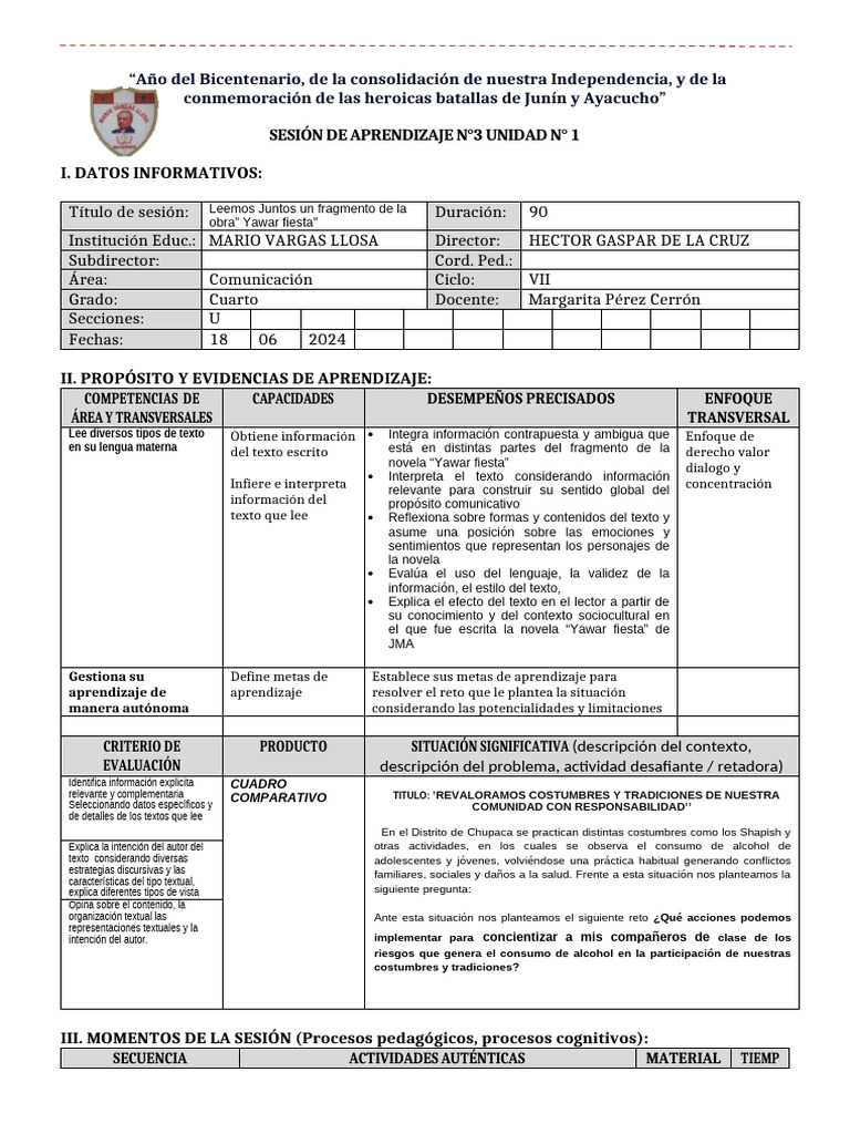 SESIÓN DE APRENDIZAJE 1 Cuarto Grado | PDF | Aprendizaje | Ciencia ...