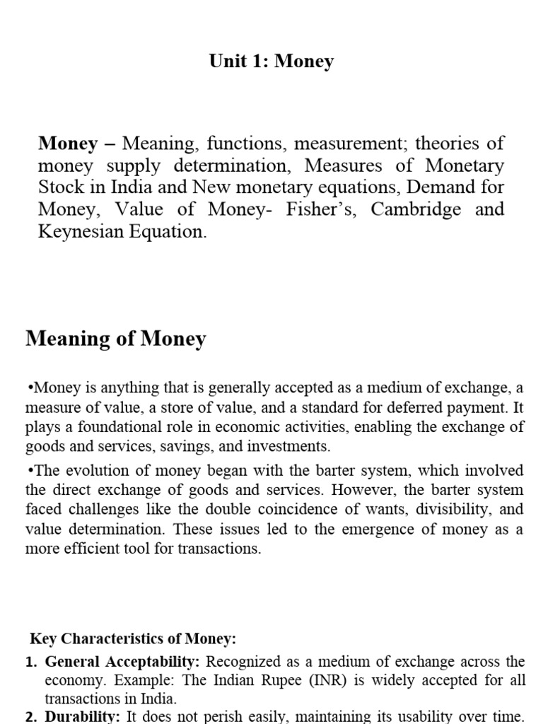 Unit 1 Money Pdf Money Supply Demand For Money