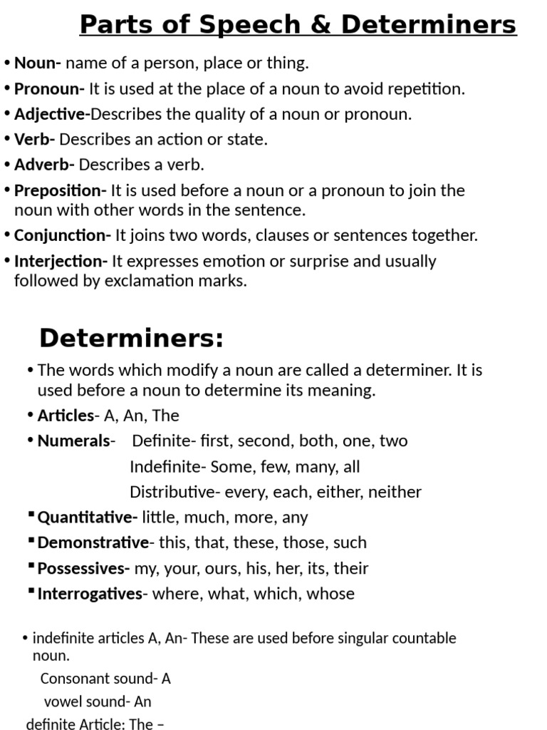 Parts of Speech & Determiners Guide | PDF | Grammatical Number | Noun