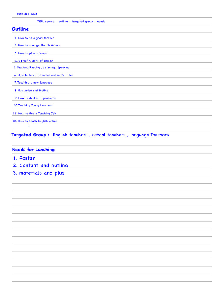 TEFL Course Outline for English Teachers | PDF