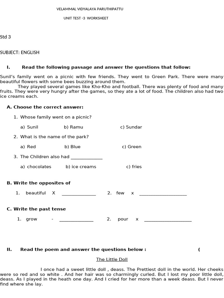 Std 3 English Unit Test Worksheet | PDF | Adverb | Linguistic Morphology