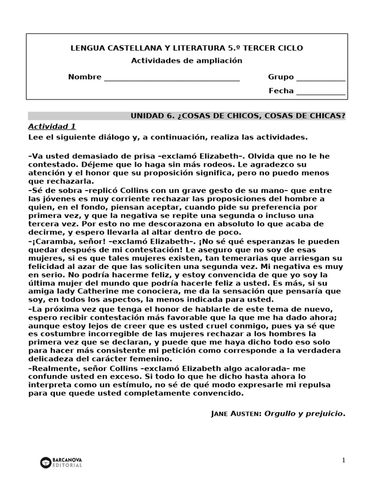 Actividades de Lengua y Literatura 5.º | PDF | Orgullo y prejuicio
