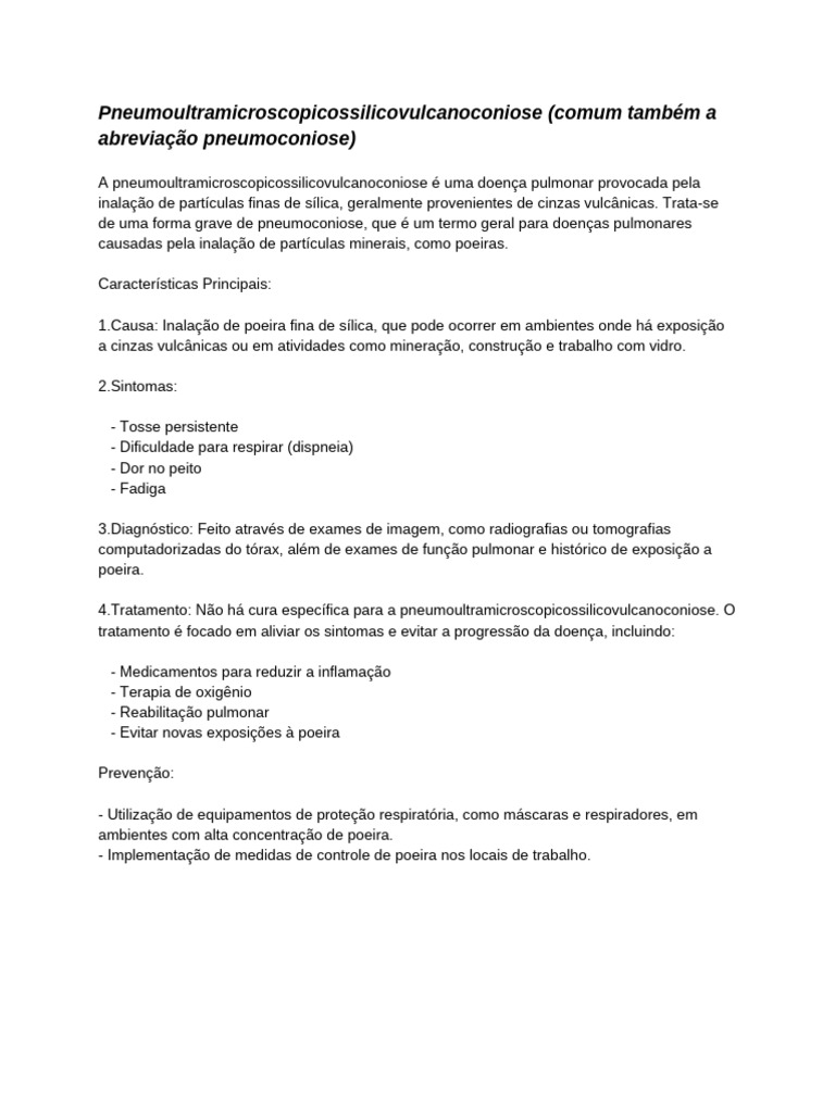 Pneumoultramicroscopicossilicovulcanoconiose: Sintomas e Tratamento | PDF