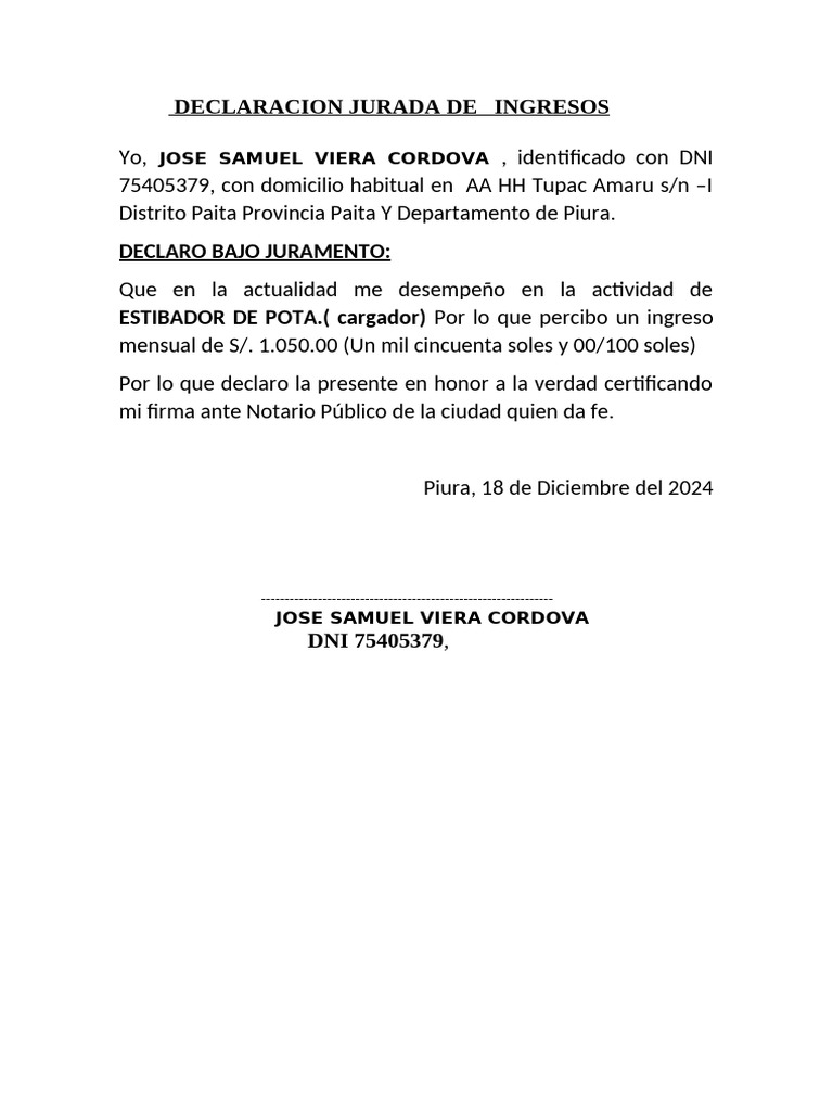 Declaración Jurada de Ingresos 2024 | PDF