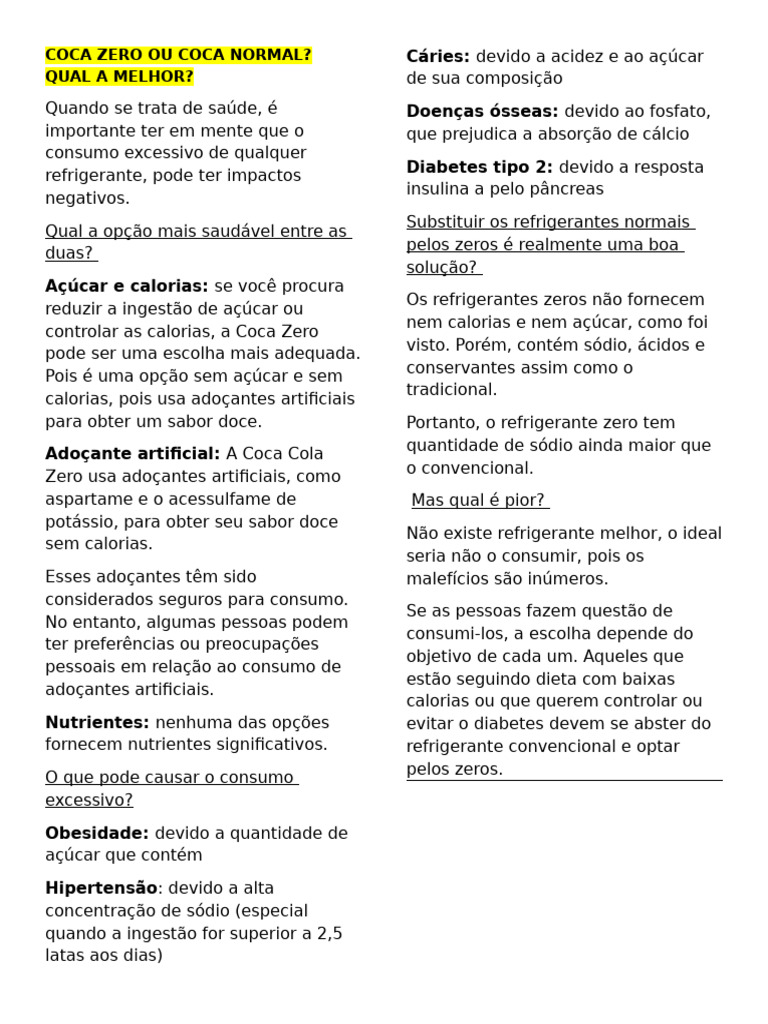 Coca Zero vs. Coca Normal: Qual Escolher? | PDF | Bebidas não ...