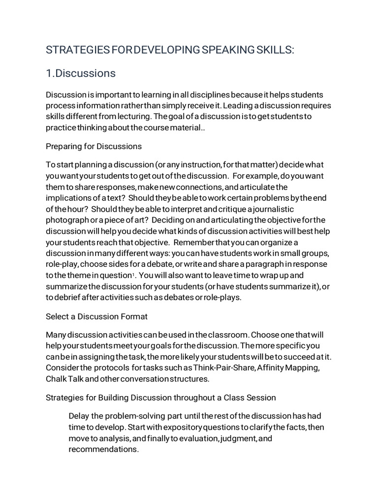 Strategies Fordeveloping Speaking Skills: 1.discussions | PDF ...