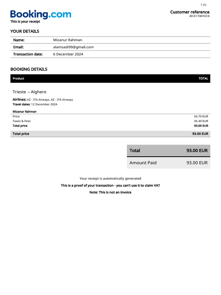 Flight Receipt for Mizanur Rahman | PDF