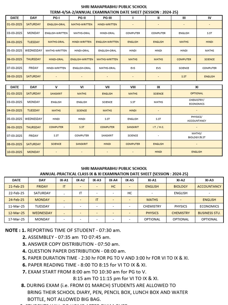 Annual Exam Date Sheet 2024-25 | PDF