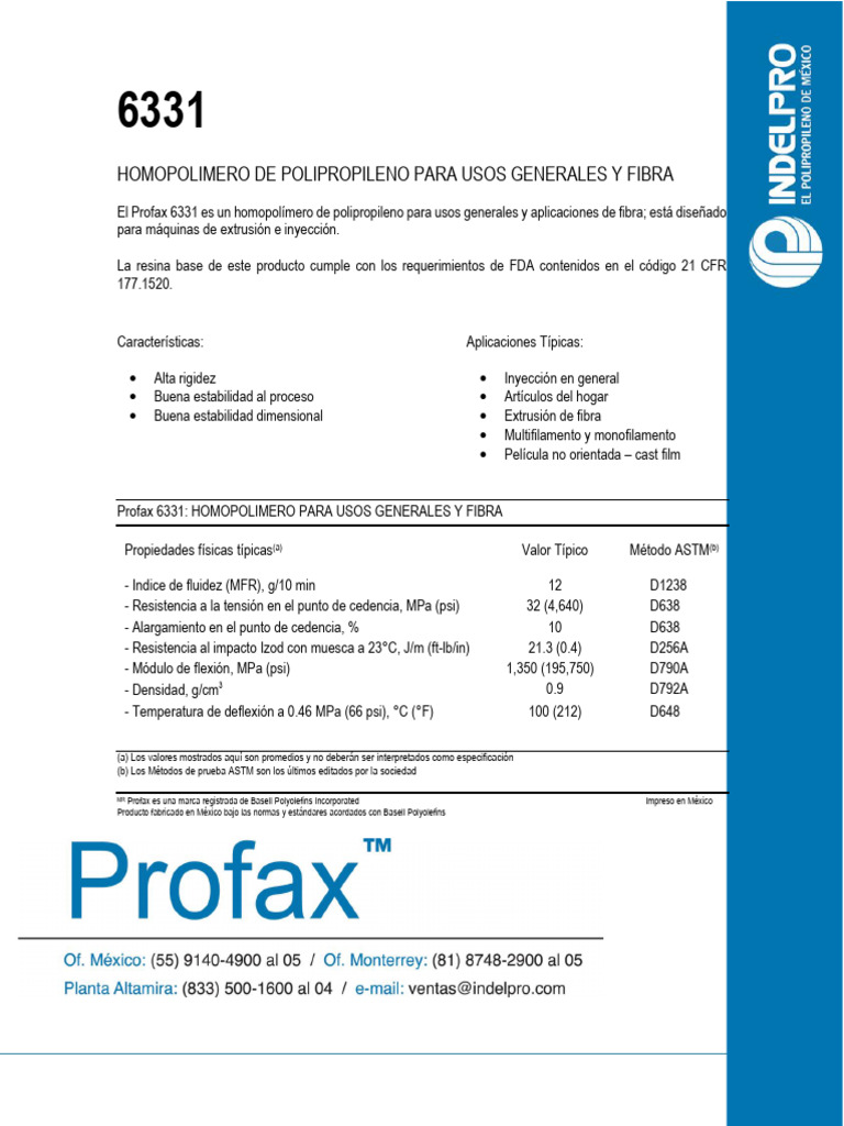 Homopolímero de Polipropileno Profax 6331 | PDF | Combustión