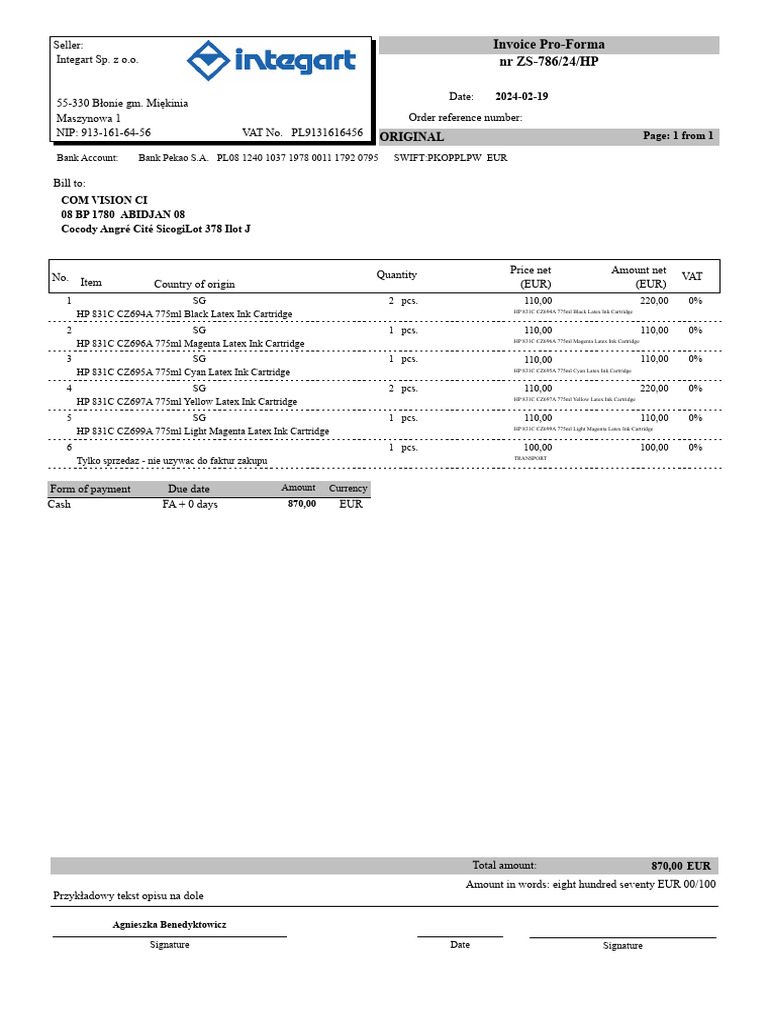 Pro-Forma Invoice for Ink Cartridges | PDF | Color