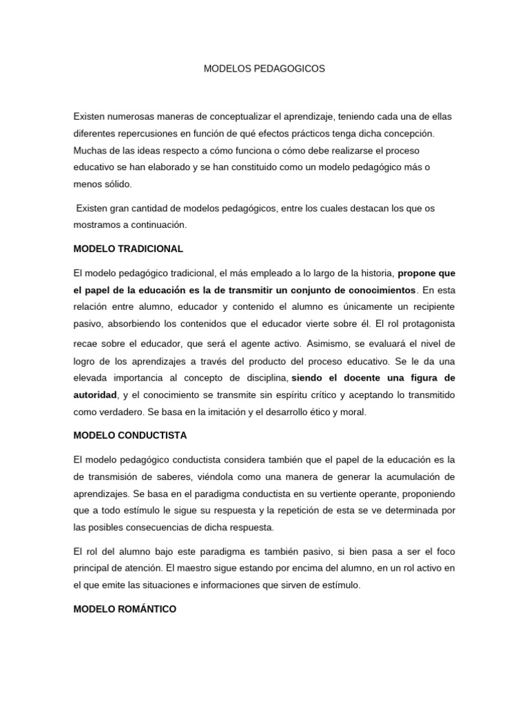 Tipos de Modelos Pedagógicos | PDF | Aprendizaje | Pedagogía