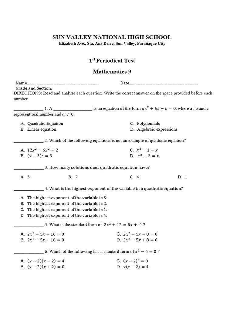 Quadratic Equation Practice Test | PDF | Equations | Algebra