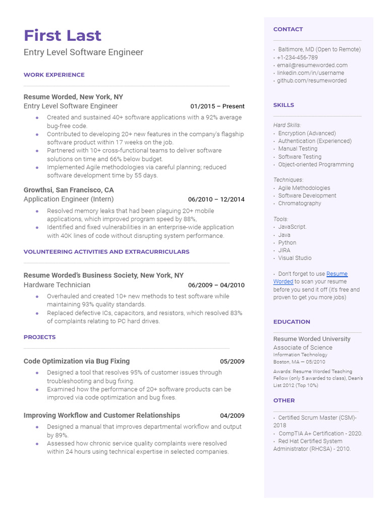 Entry Level Software Engineer Resume | PDF | Software | Software Bug