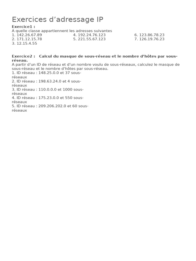 Exercices sur l'adressage IP | PDF | Adresse IP | Protocoles Internet