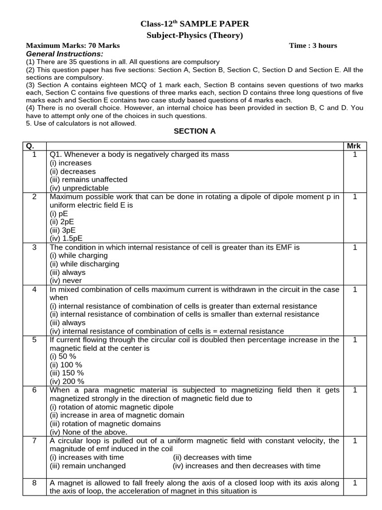 Class 12 Physics Sample Paper Guide | PDF | Waves | Electromagnetism