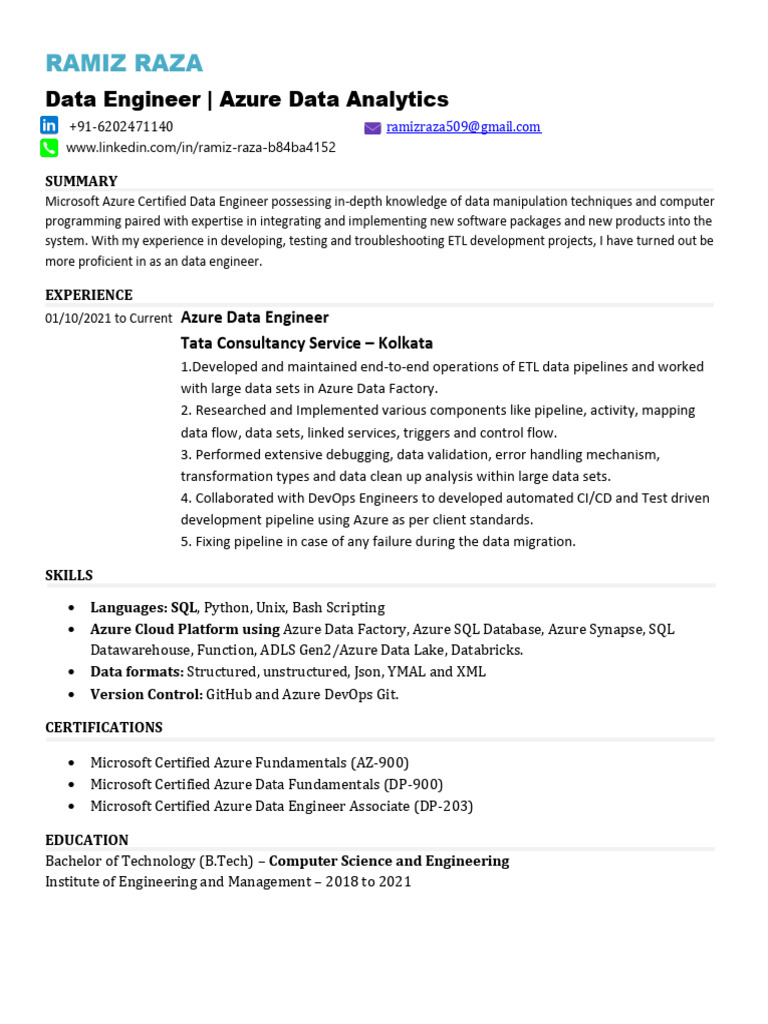 Azure Data Engineer Resume Summary | PDF