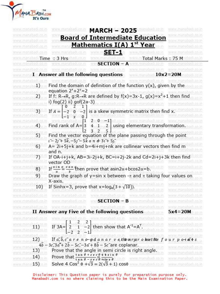 Inter 1st Year Maths IA (EM) 2025 Guess Paper-1-1 | PDF | Applied ...