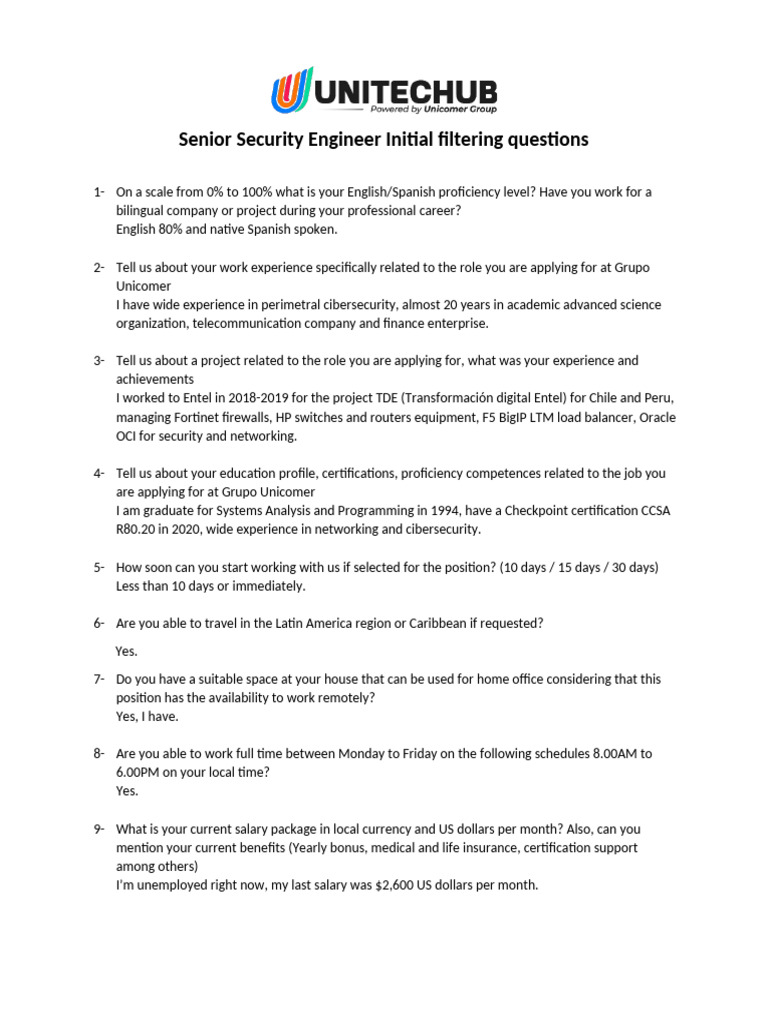 Senior Security Engineer Initial Filtering Questions | PDF