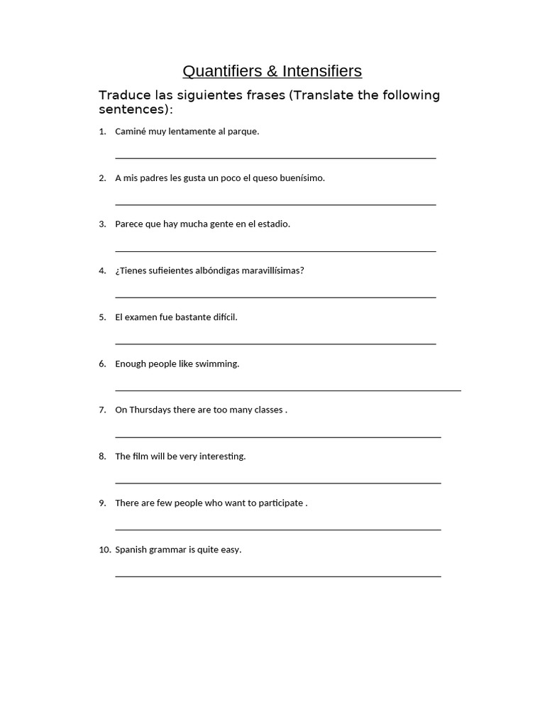 Ejercicios de cuantificadores e intensificadores | PDF