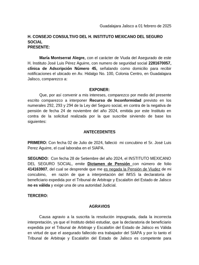 Recurso de Inconformidad IMSS Pensión Viudez | PDF | Pensión | Justicia