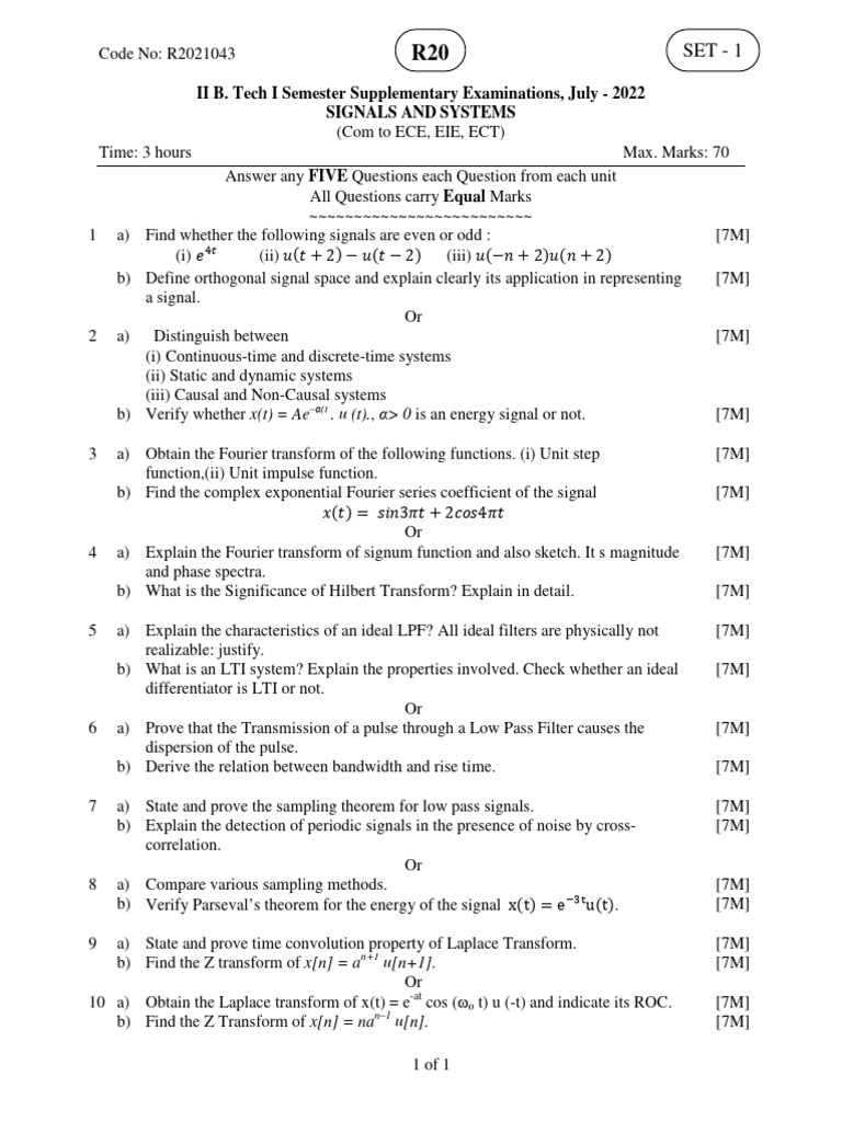 Signals and Systems Exam Questions | PDF | Low Pass Filter | Fourier ...